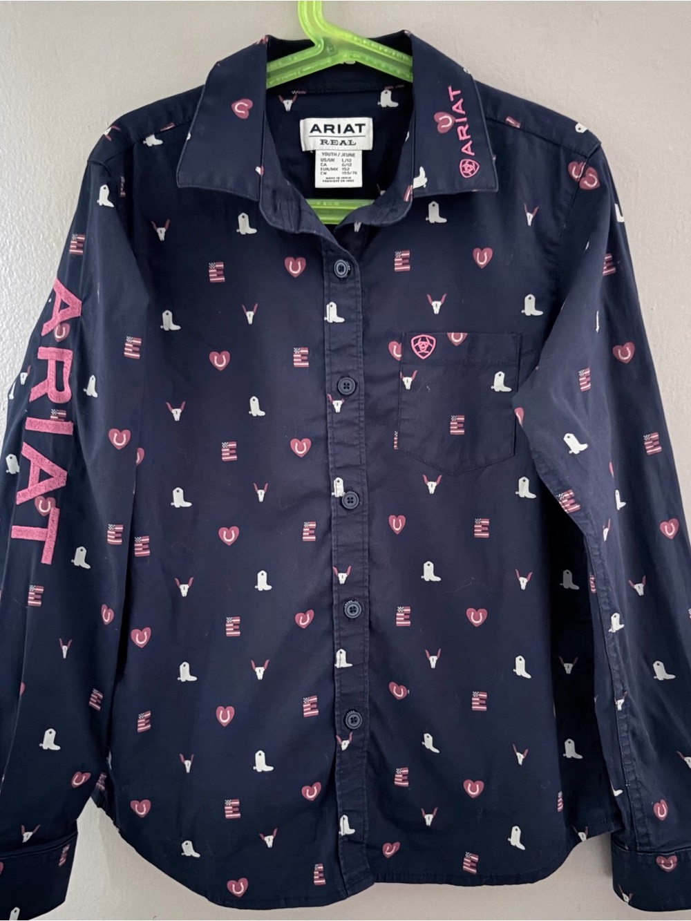 Ariat REAL Girls Youth L/12 Western Button Down Shirt Navy Pink Horseshoe Boot